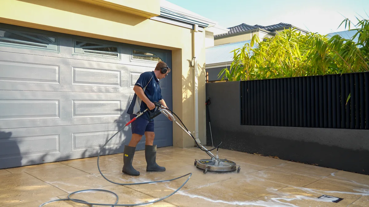 Extera rotary surface cleaner on a Perth limestone driveway