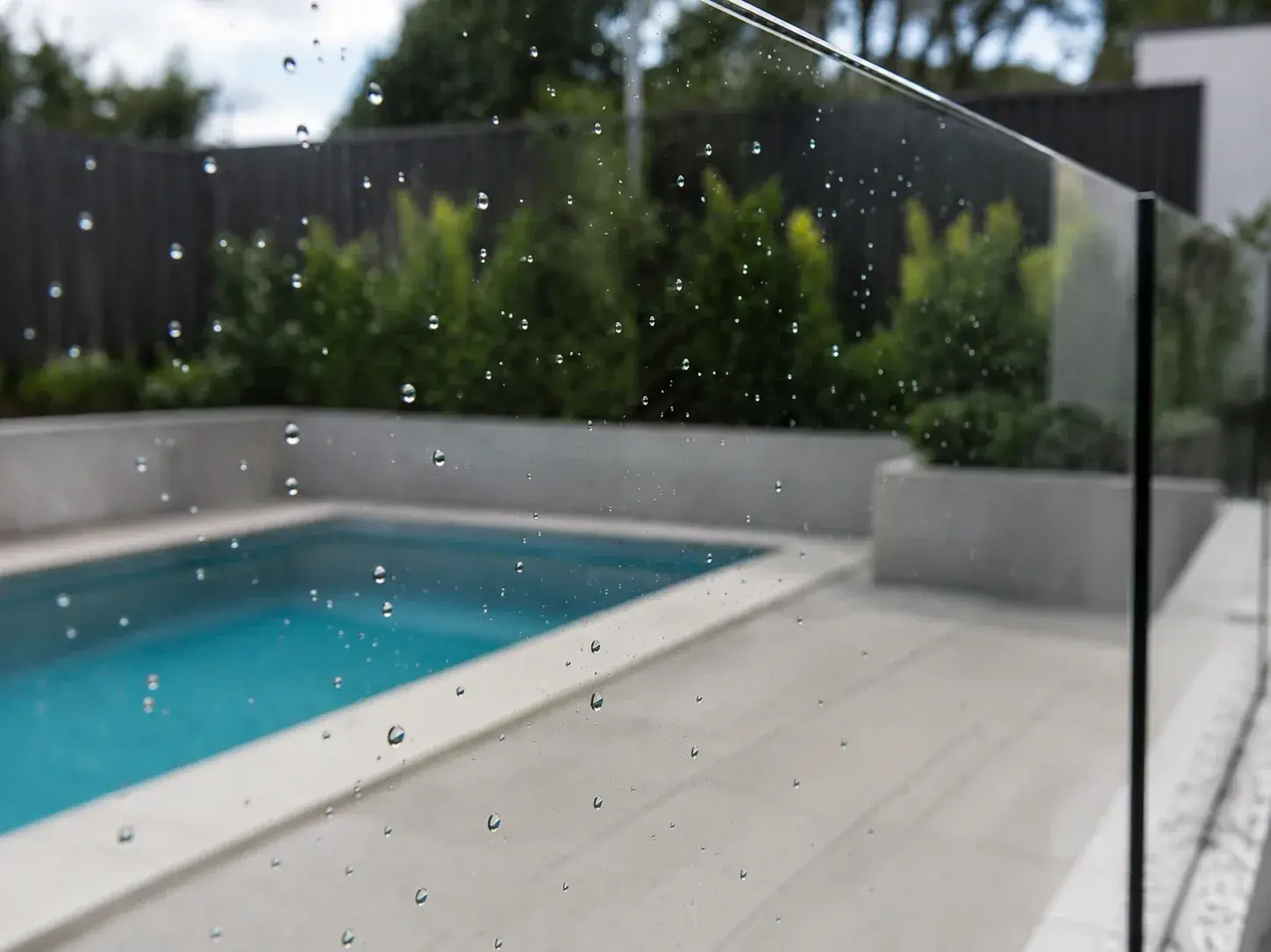 Water beading off a coated glass pool fence