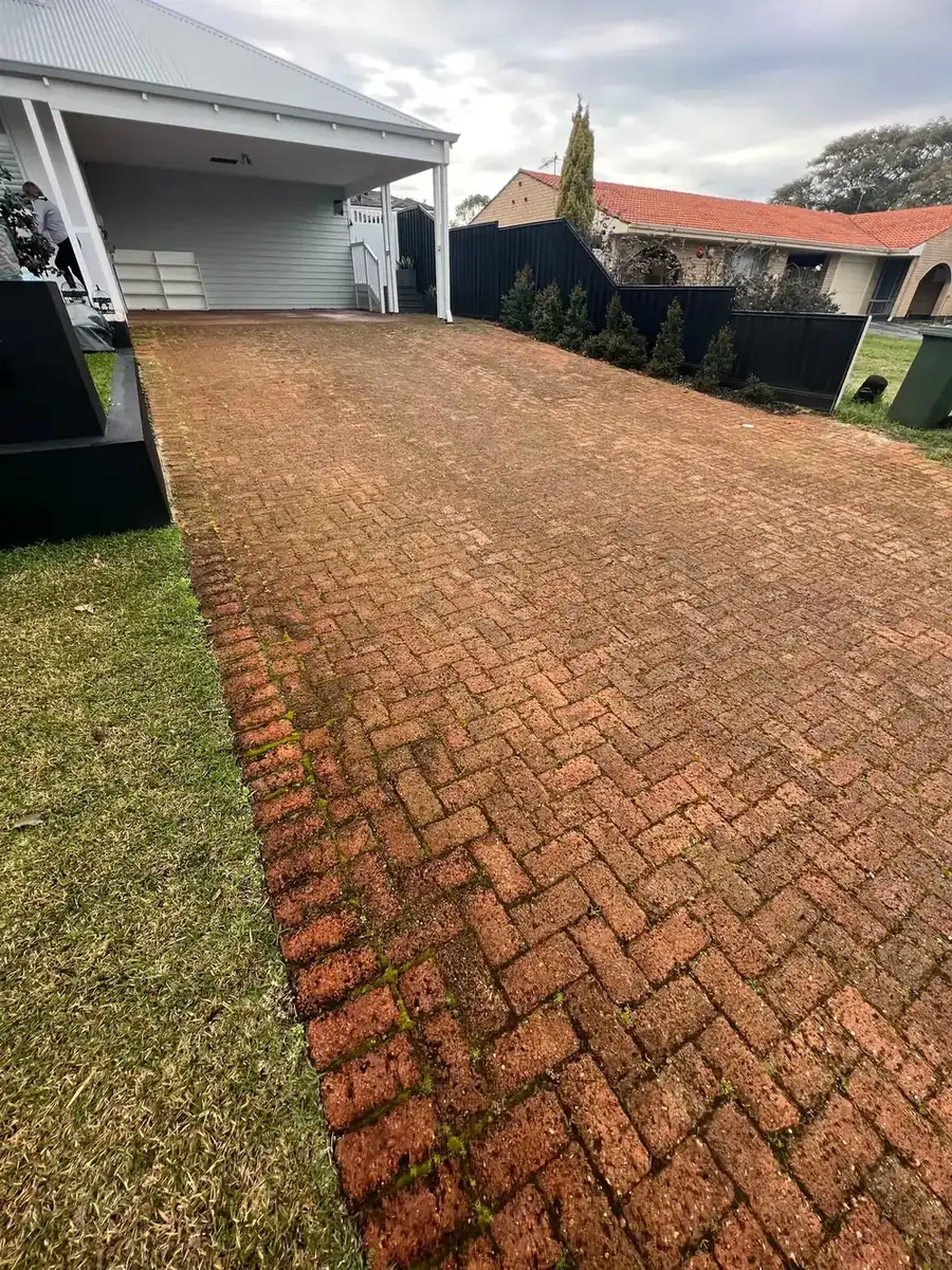 Brick-paved driveway before cleaning